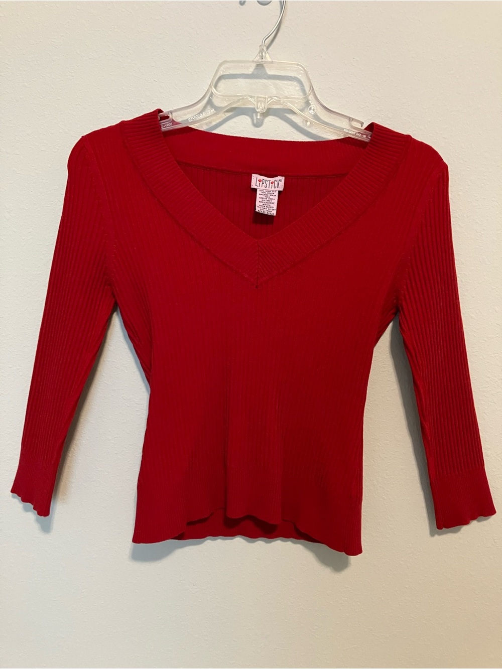 Y2K Lipstick Red Ribbed V-Neck Silk Blend Top Size L Fitted